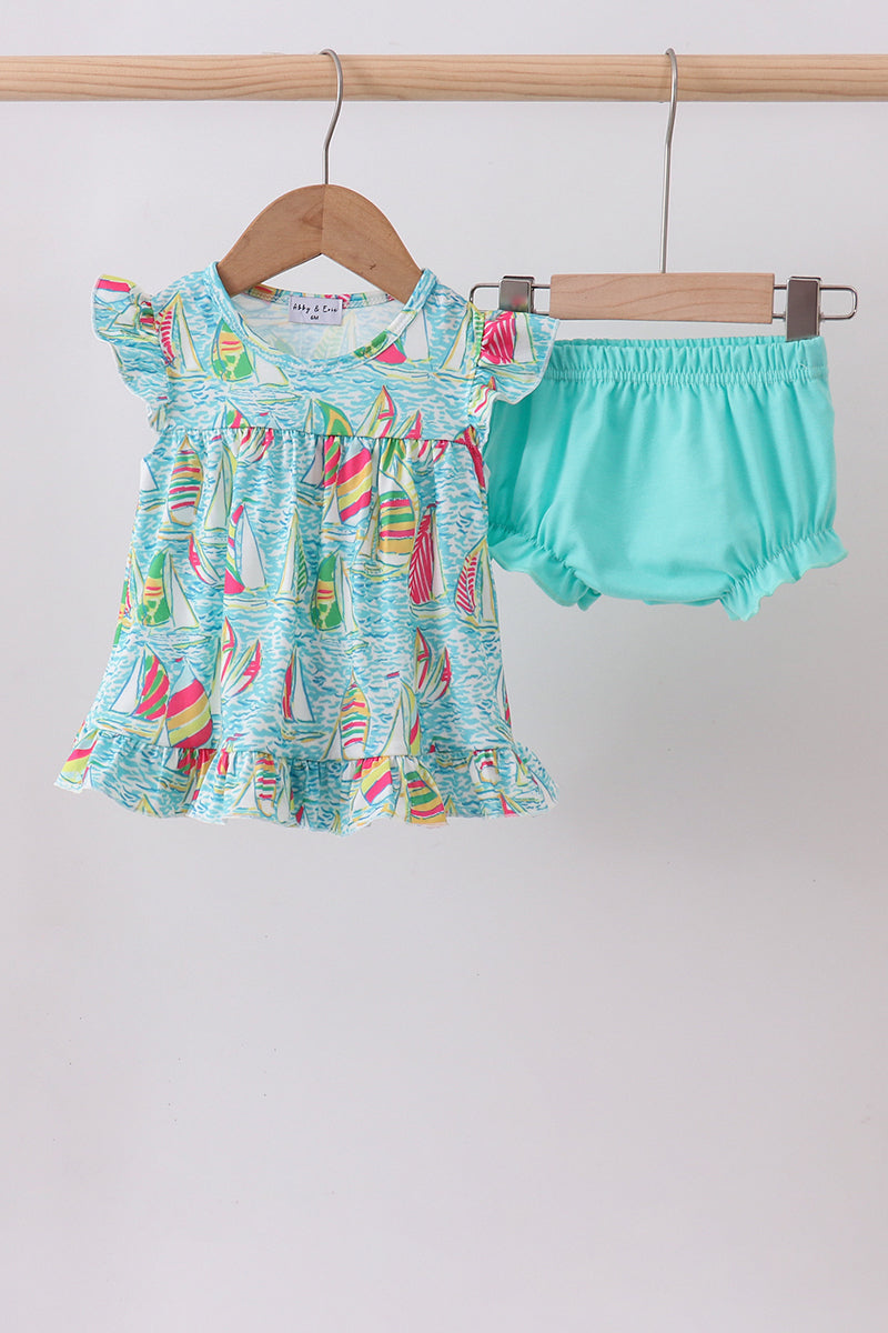 Blue sailboat print ruffle bloomer set