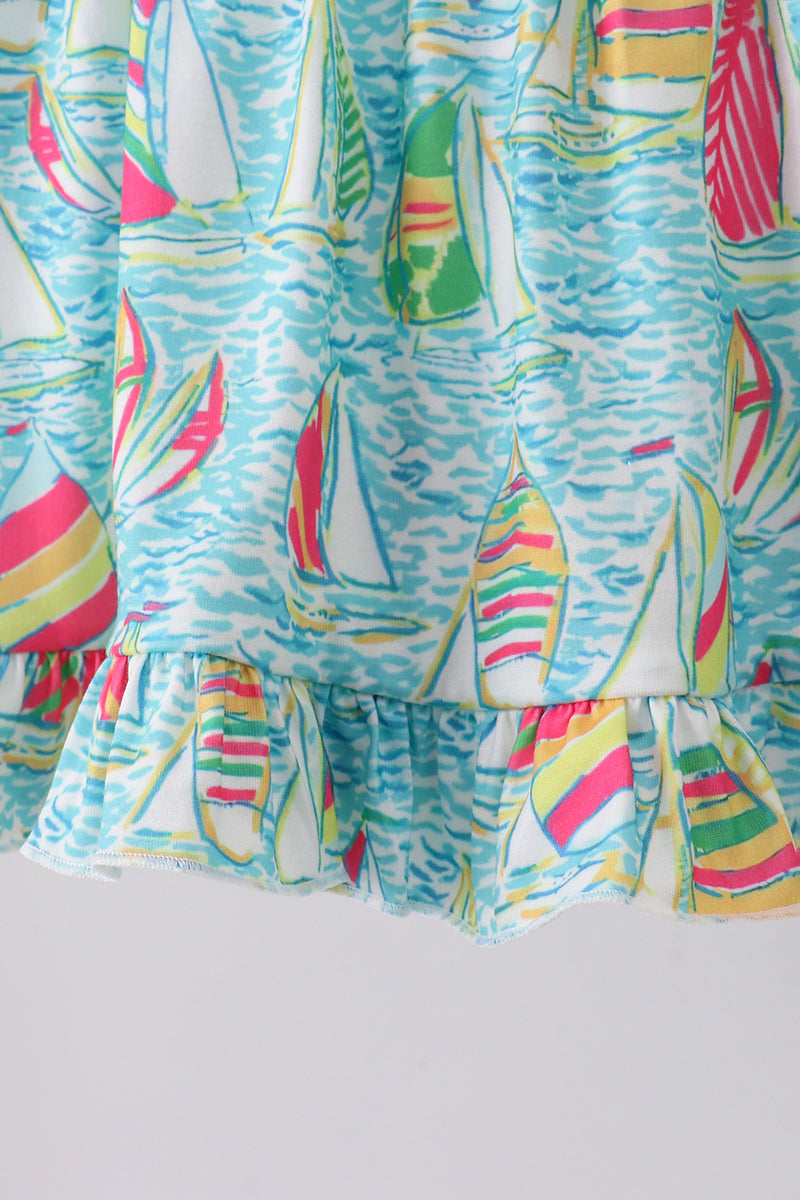 Blue sailboat print ruffle bloomer set