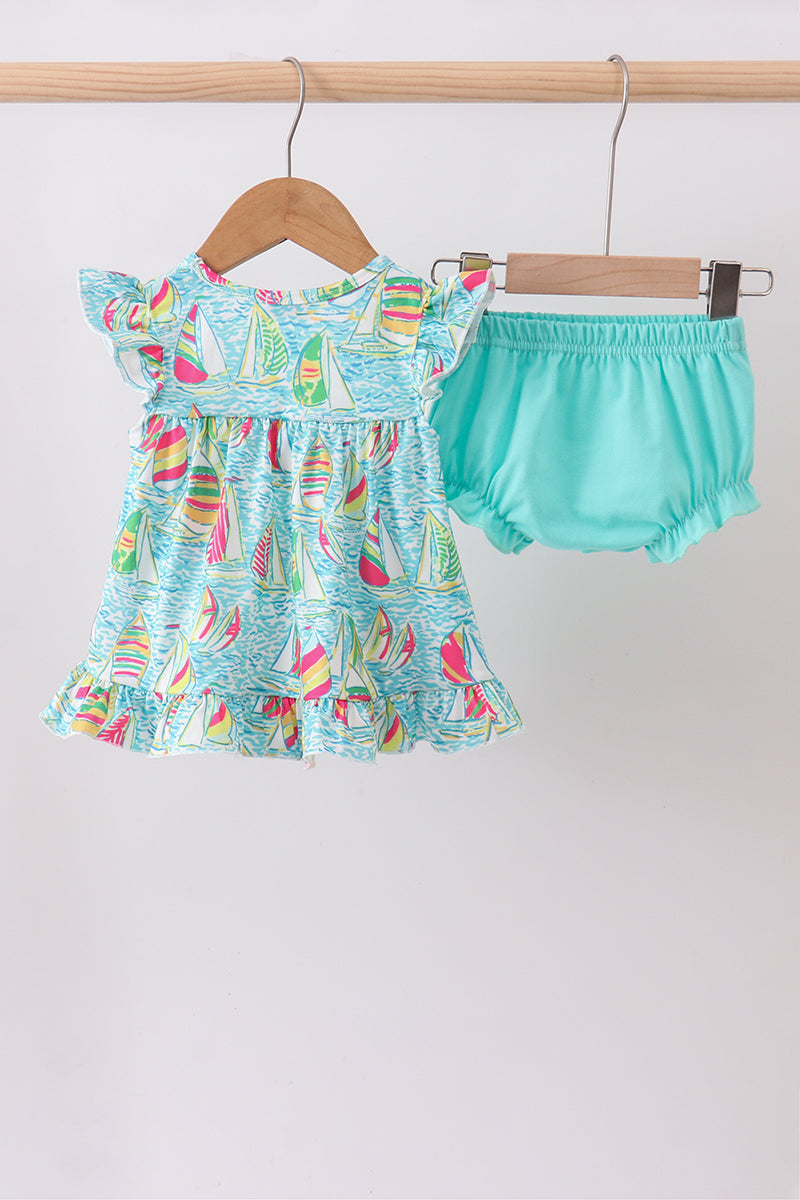 Blue sailboat print ruffle bloomer set