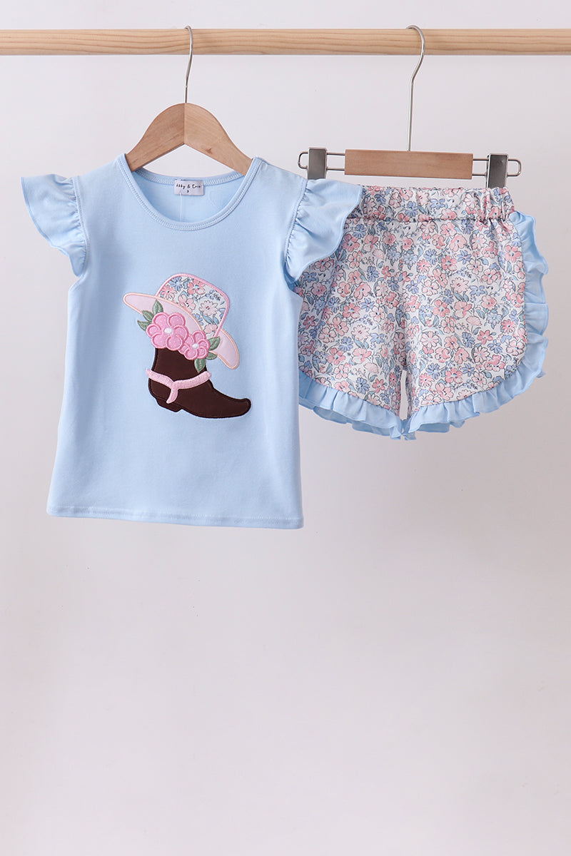 Blue floral boot applique ruffle shorts set