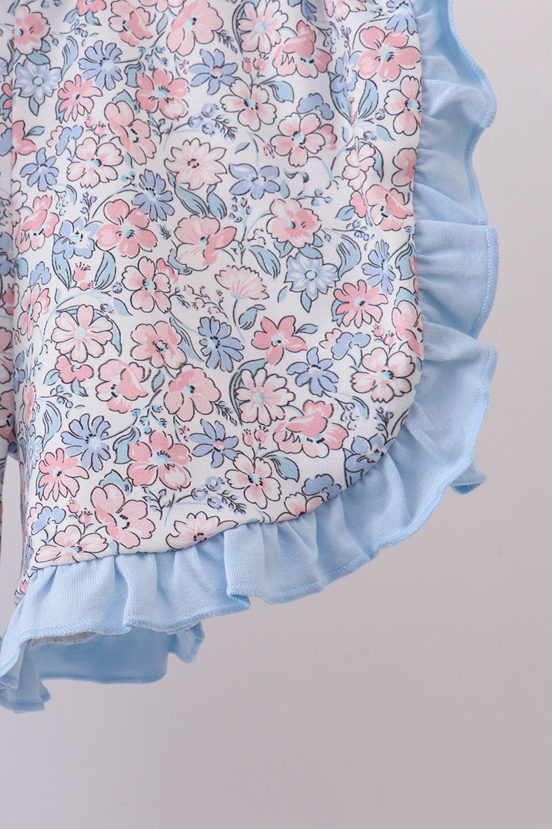 Blue floral boot applique ruffle shorts set