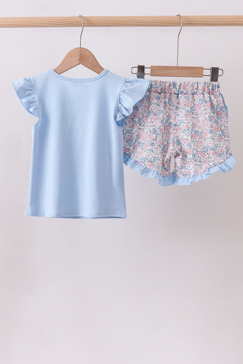 Blue floral boot applique ruffle shorts set