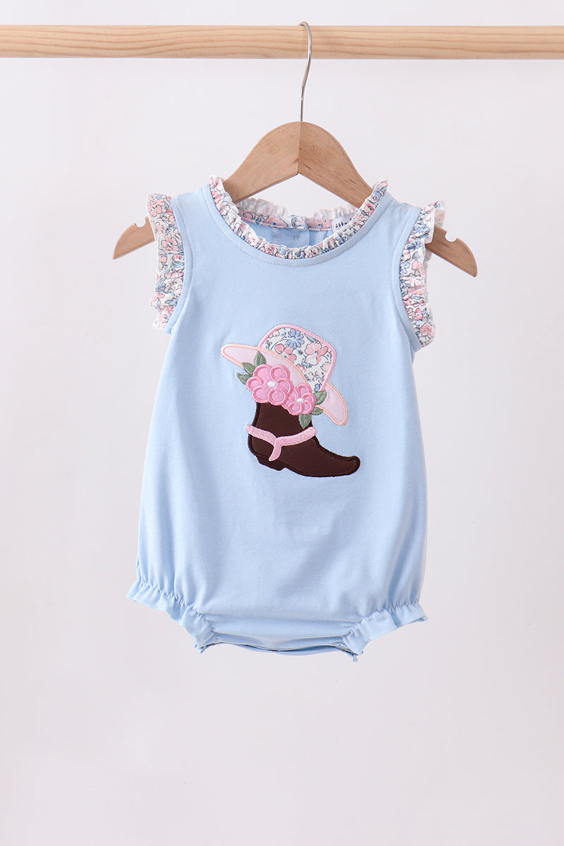 Blue floral boot applique ruffle bubble