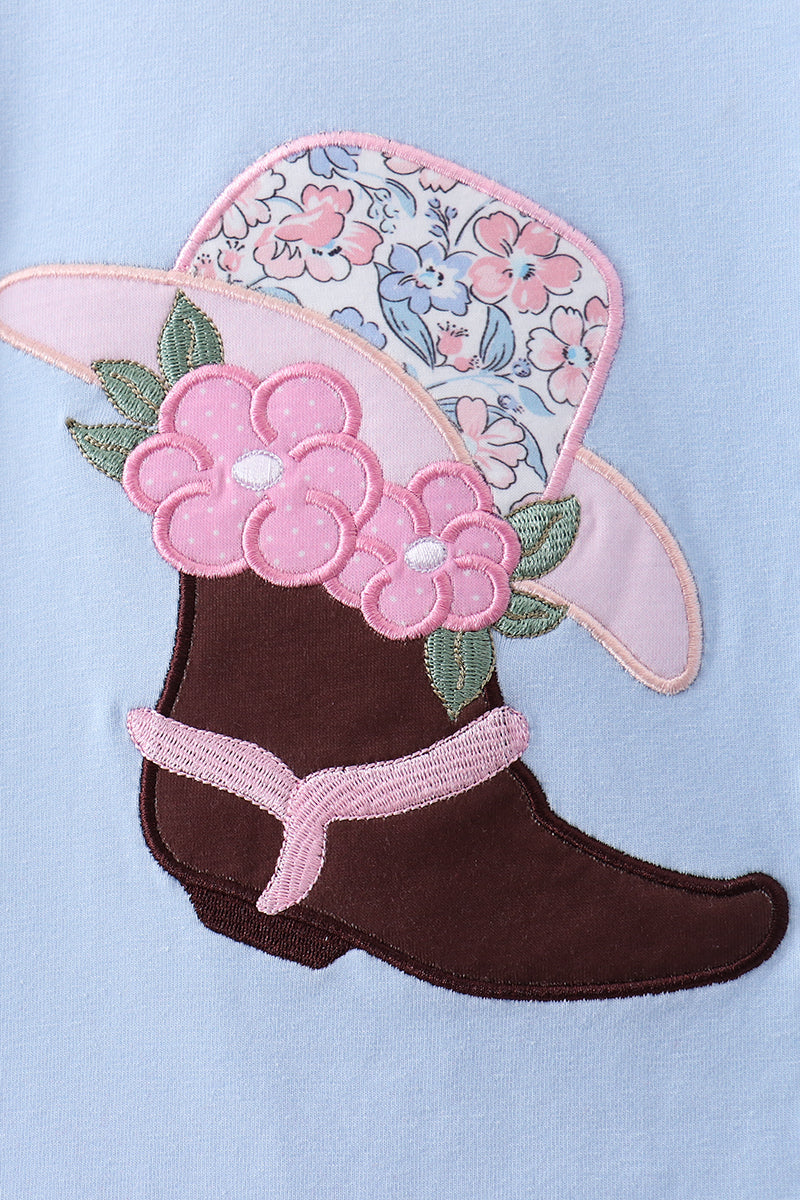 Blue floral boot applique ruffle bubble