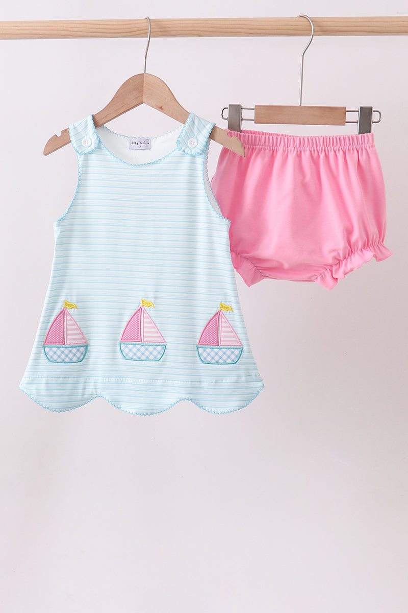 Blue sailboat applique bloomer set