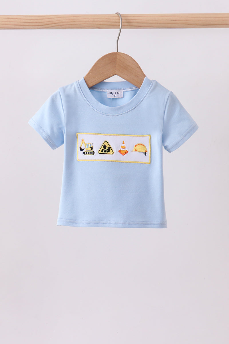 Blue engineering vehicle embroidery top