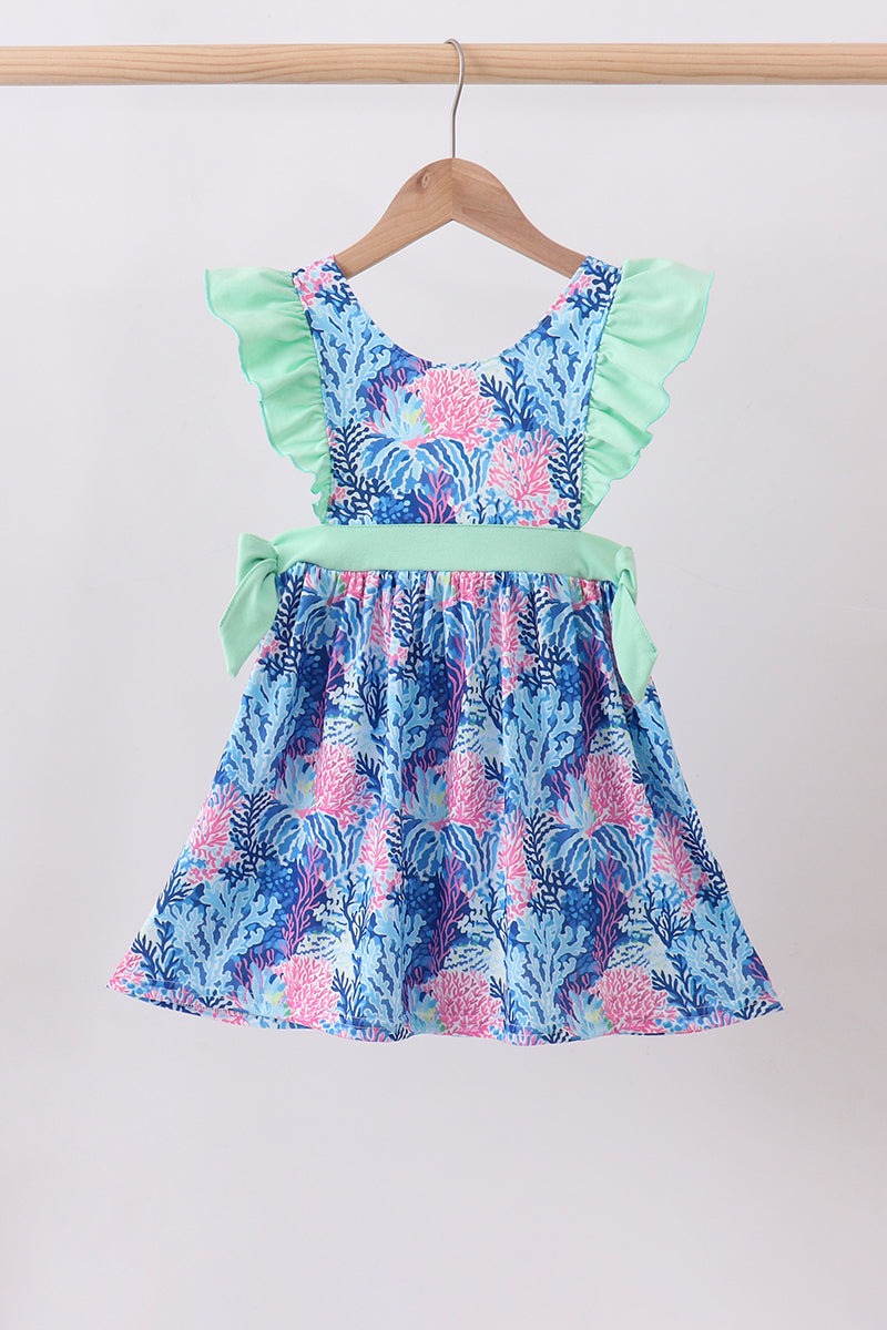 Blue marine creature print ruffle dress