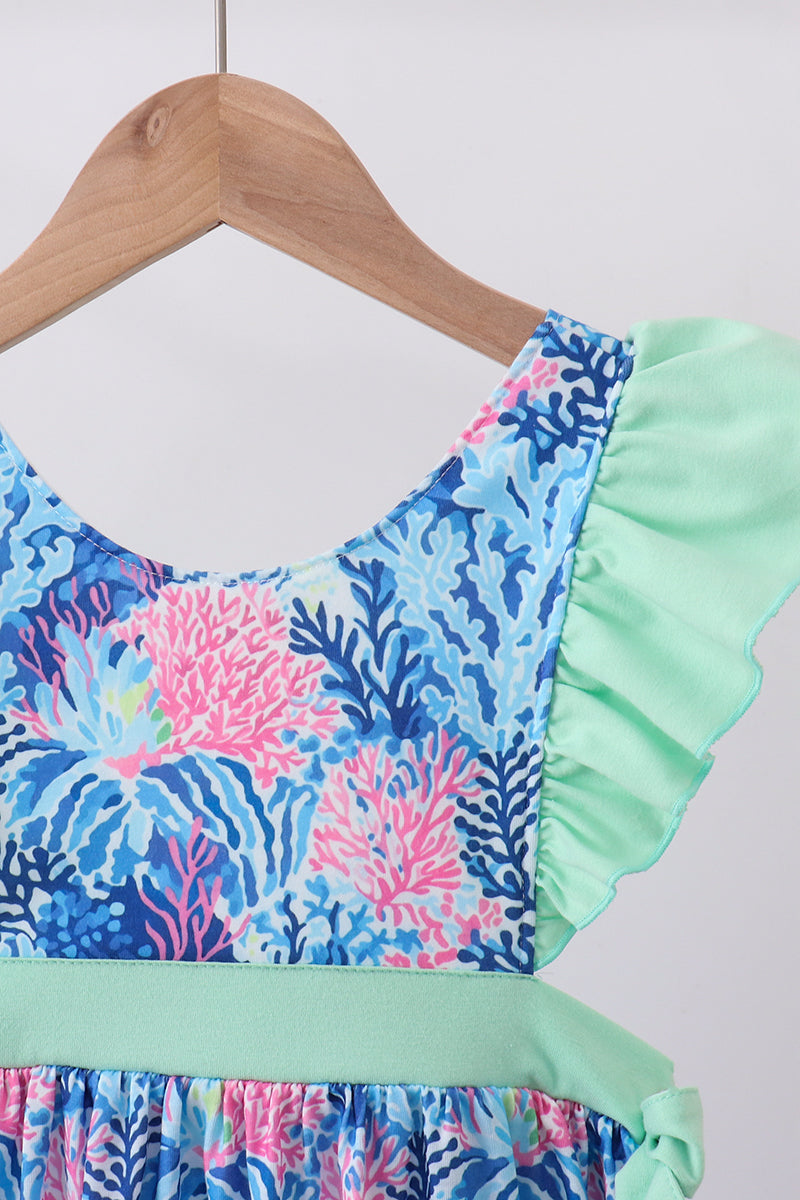 Blue marine creature print ruffle dress