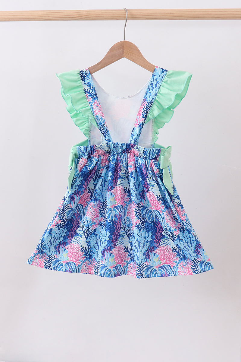 Blue marine creature print ruffle dress