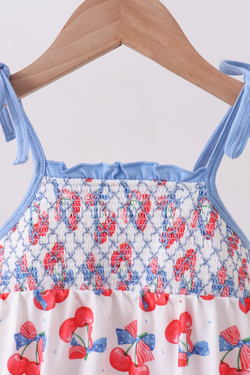 Blue cherry smocked ruffle bubble