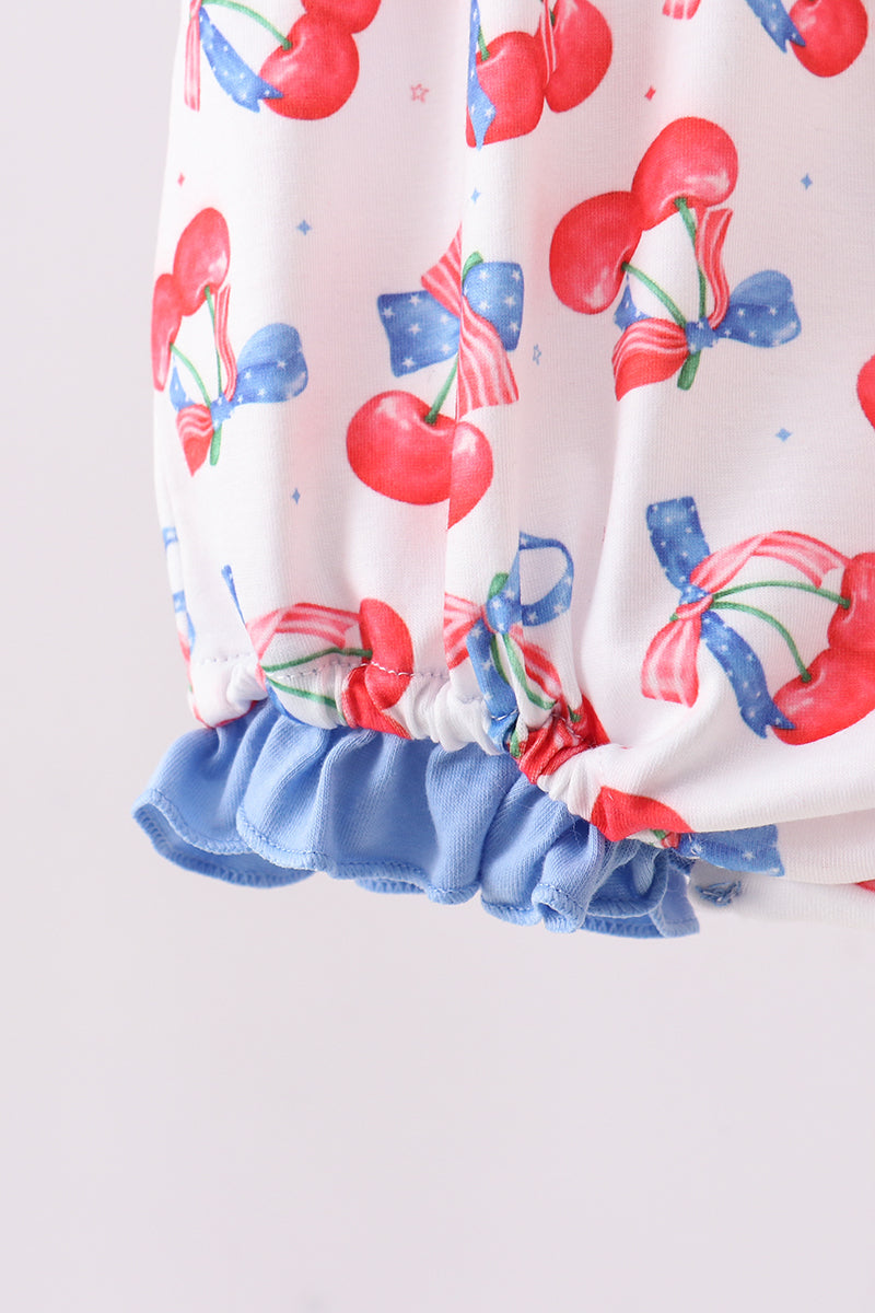 Blue cherry smocked ruffle bubble