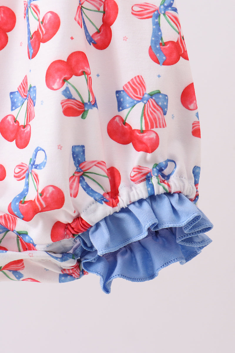 Blue cherry smocked ruffle bubble