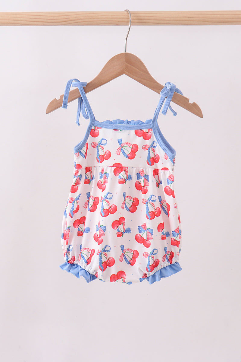 Blue cherry smocked ruffle bubble