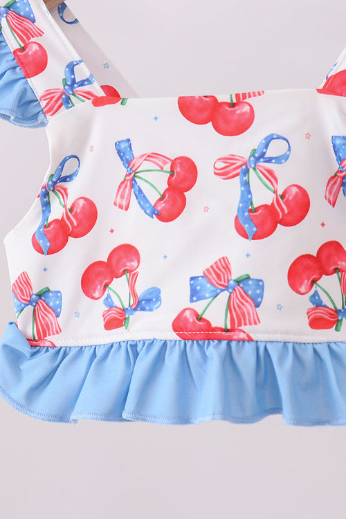 Blue cherry print 2pc ruffle swimsuit