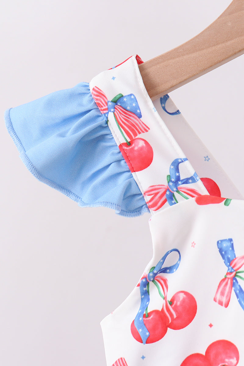 Blue cherry print 2pc ruffle swimsuit
