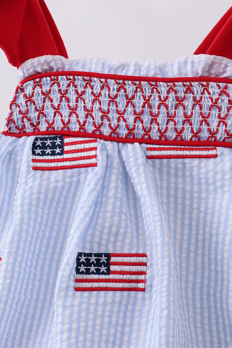 Blue flag embroidery seersucker bow bubble