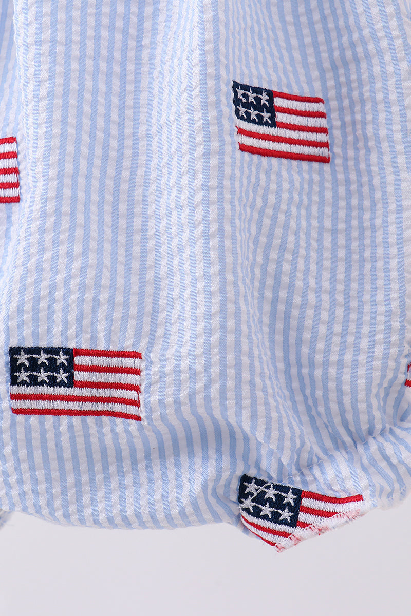 Blue flag embroidery seersucker bow bubble