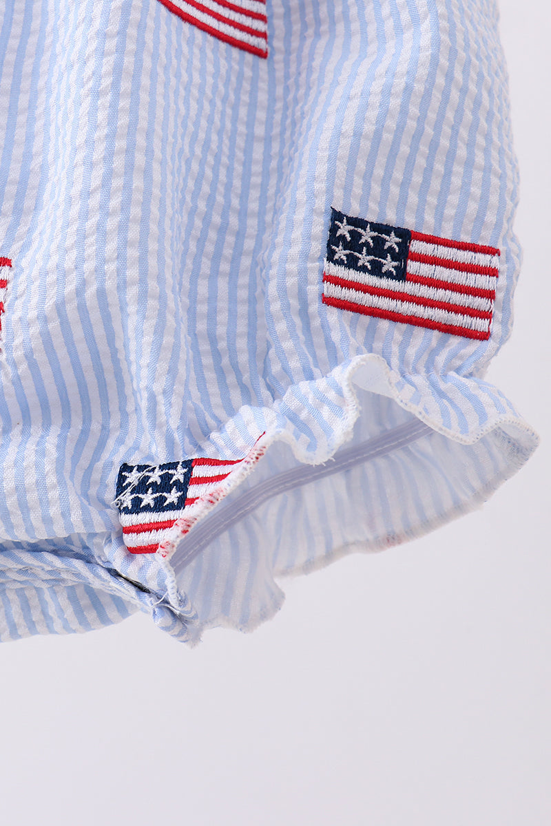 Blue flag embroidery seersucker bow bubble