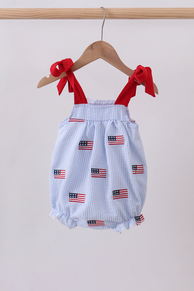 Blue flag embroidery seersucker bow bubble