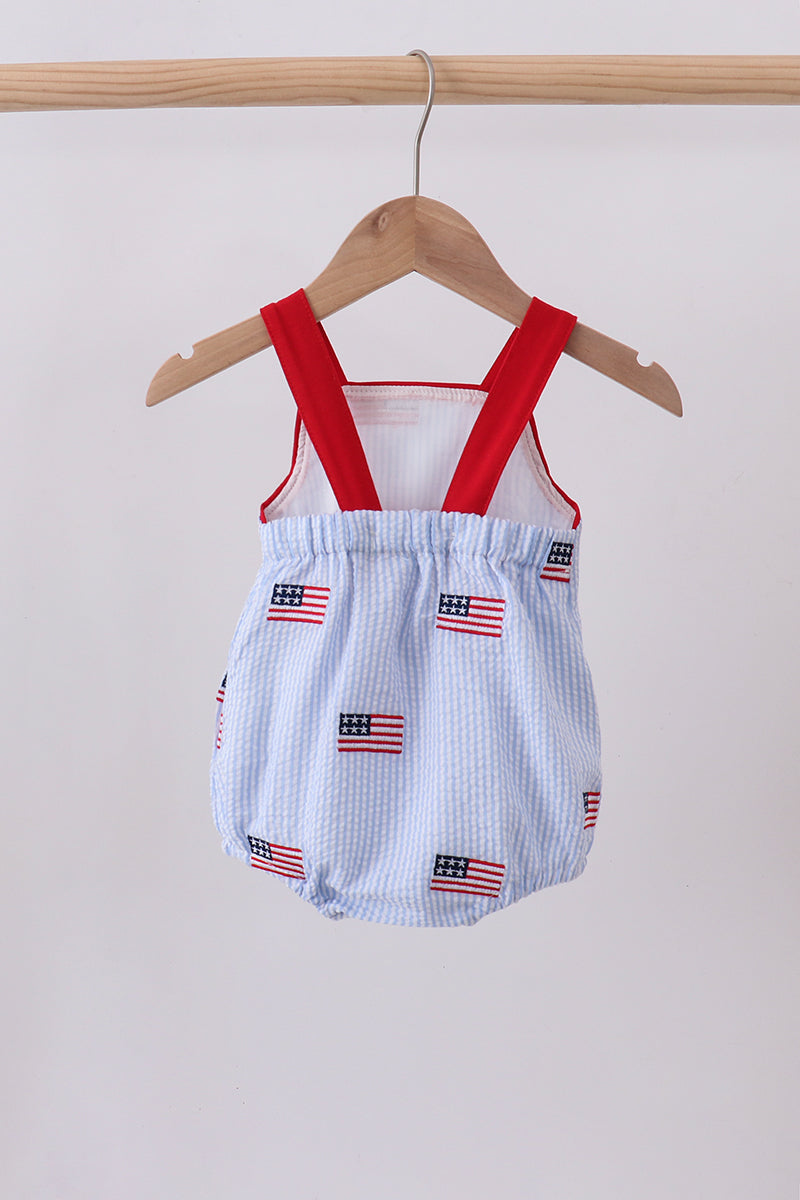 Blue flag embroidery seersucker pocket bubble