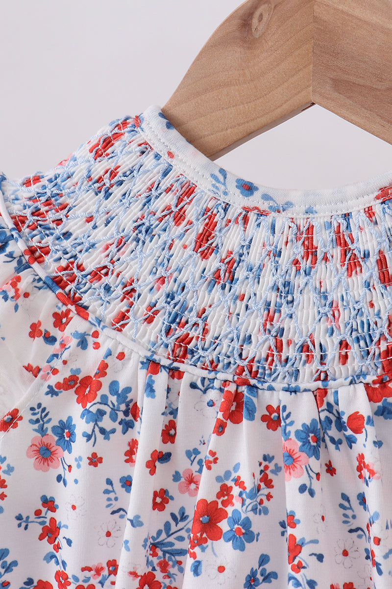 Blue floral lace smocked bubble