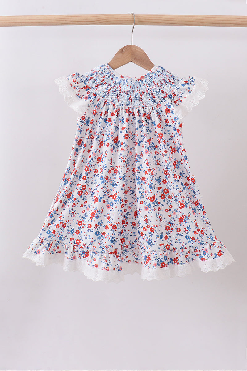 Blue floral lace smocked dress