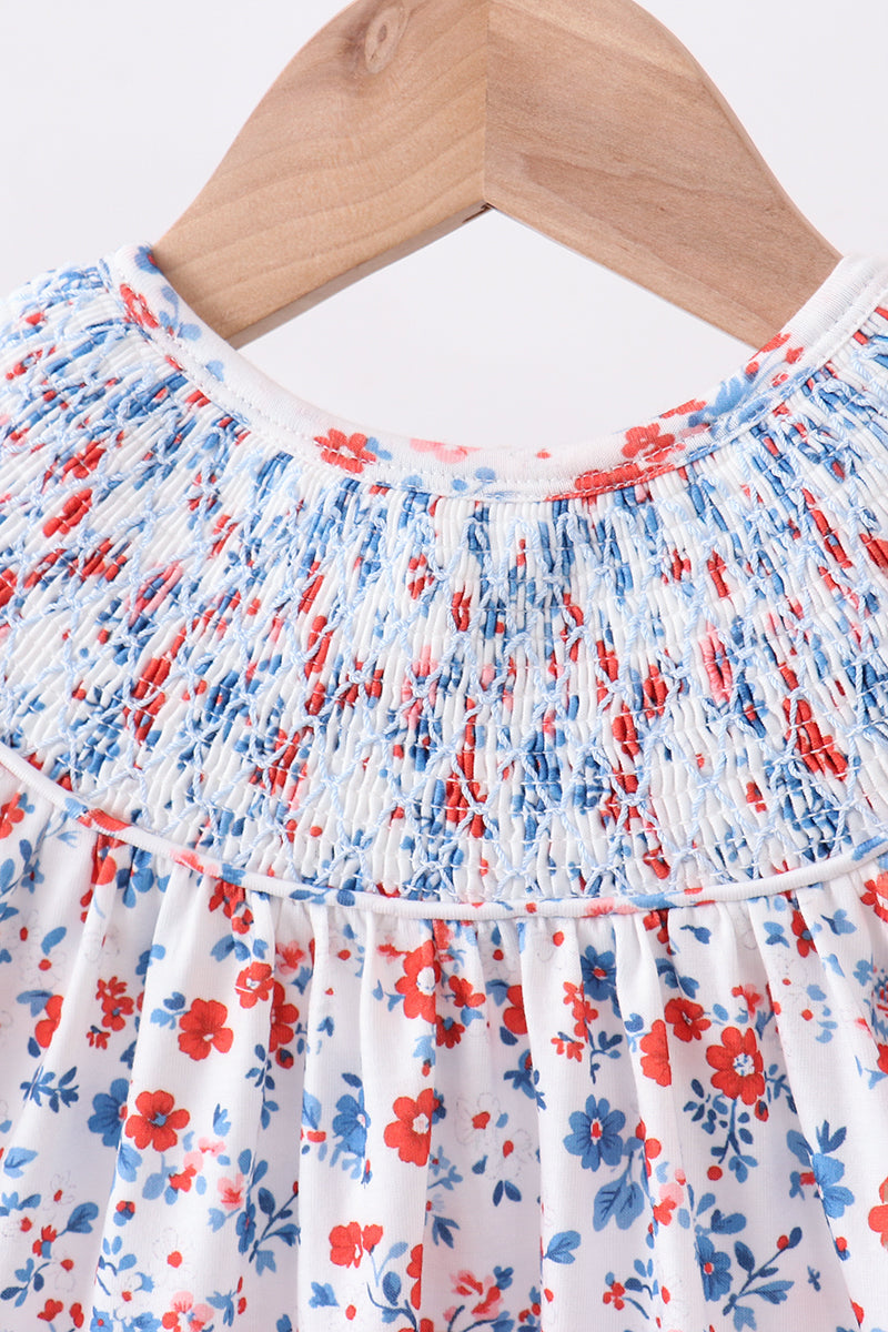 Blue floral lace smocked dress