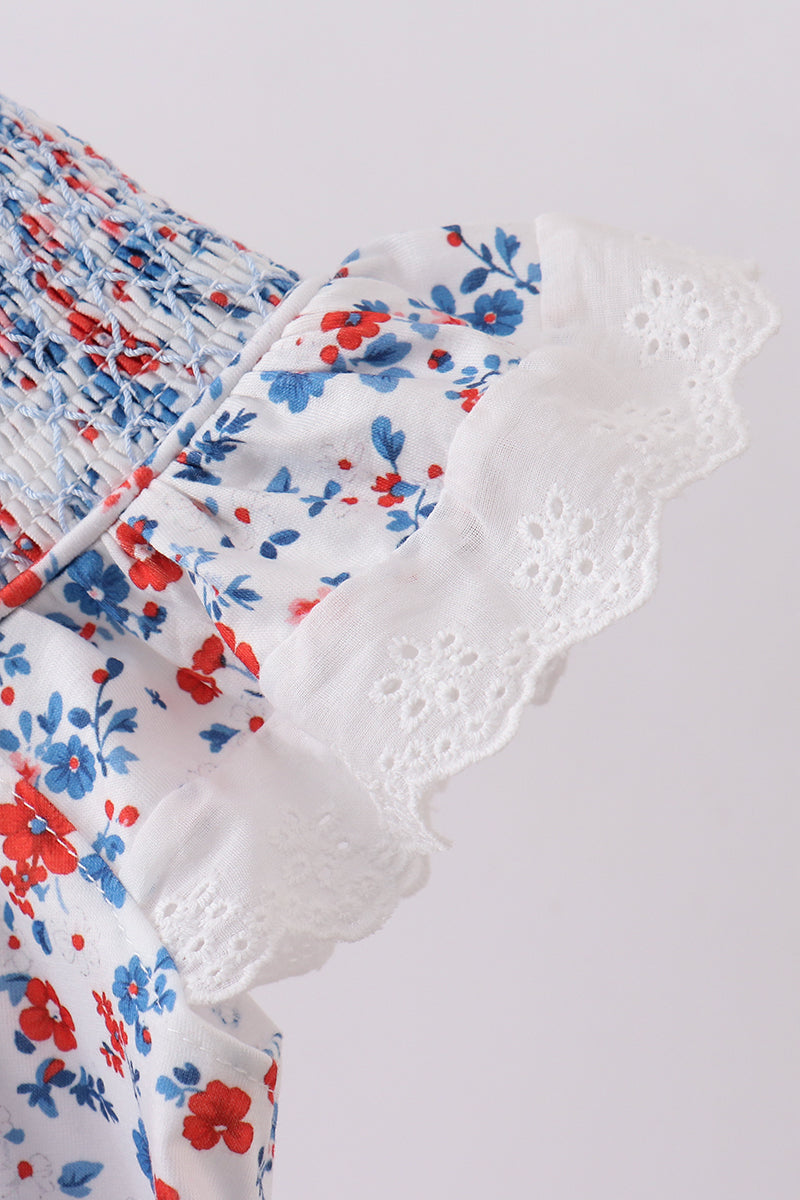 Blue floral lace smocked dress