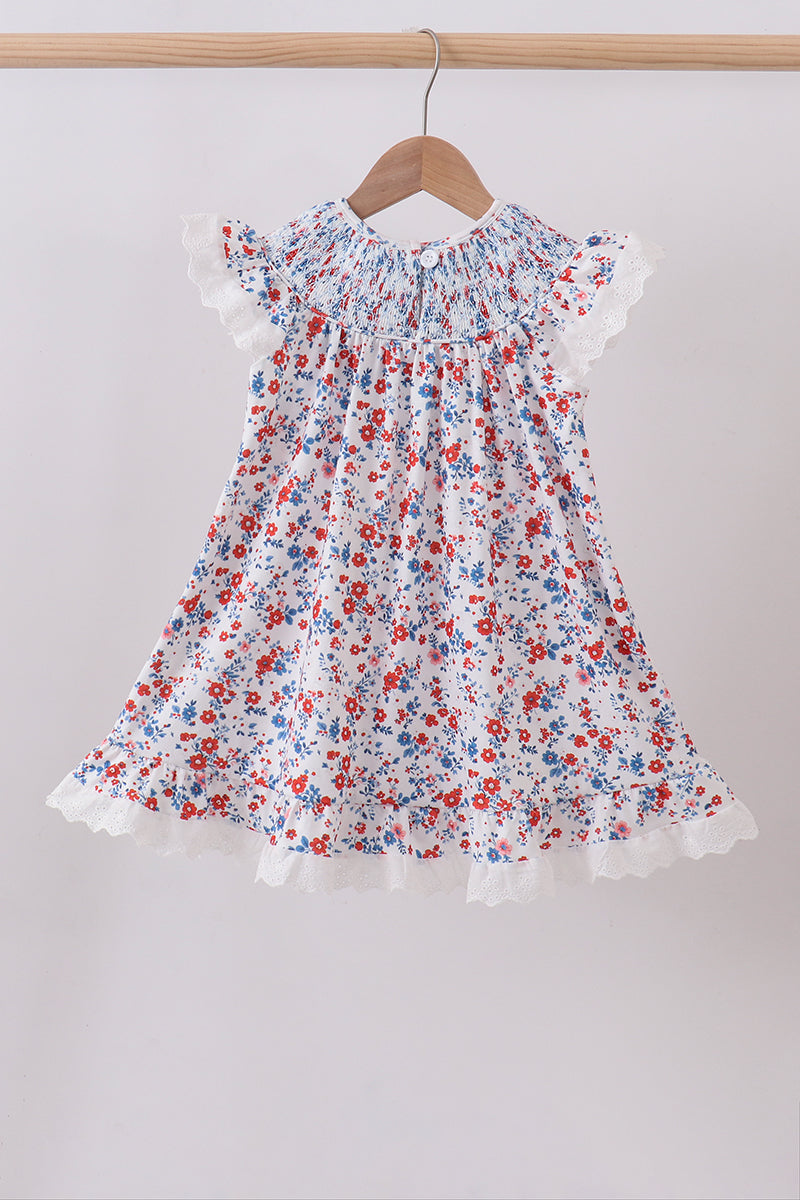 Blue floral lace smocked dress