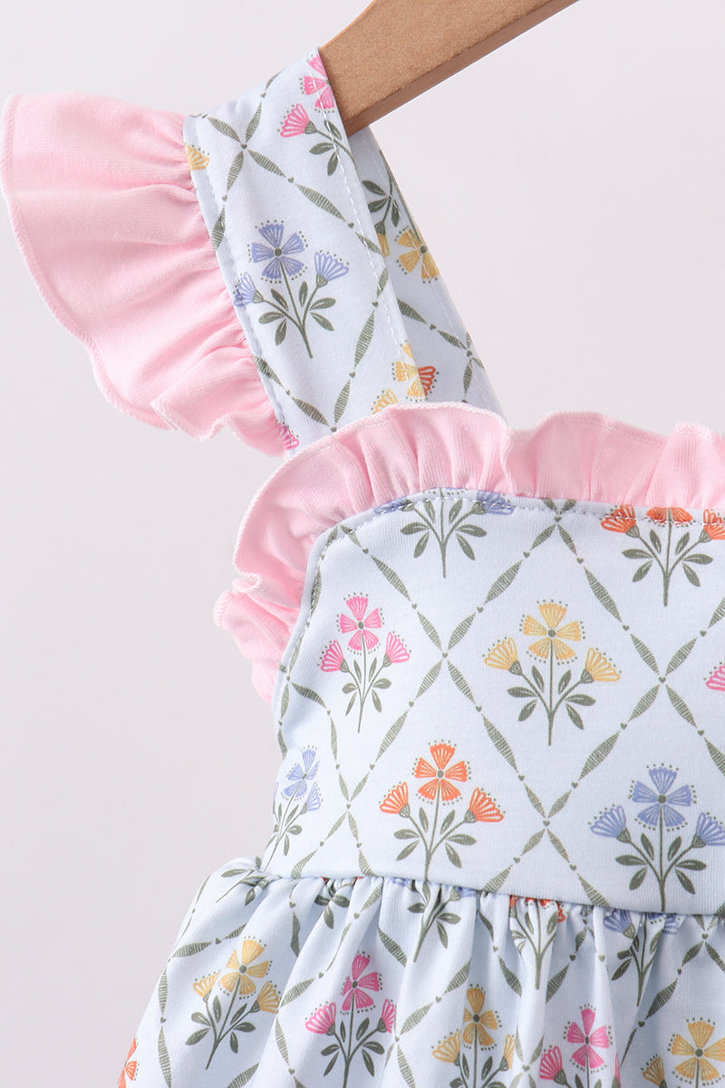 Blue floral print ruffle bloomer set