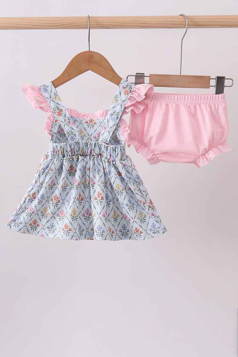 Blue floral print ruffle bloomer set