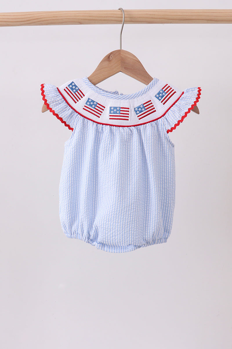 Blue seersucker flag smocked ruffle bubble