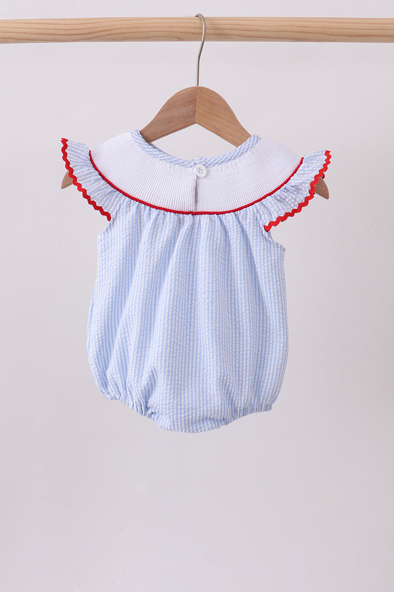 Blue seersucker flag smocked ruffle bubble