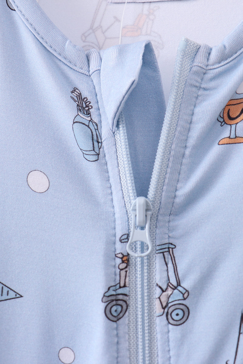 Blue gofl cart print bamboo romper