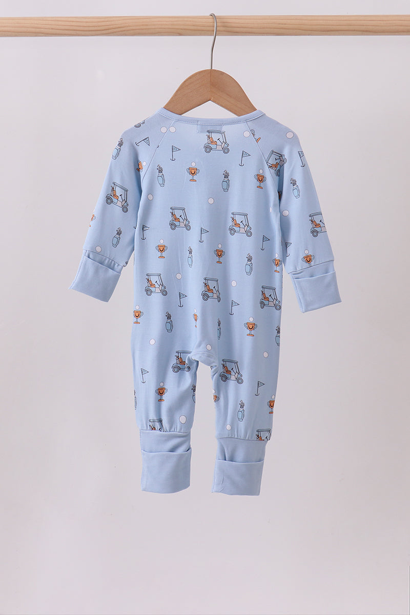 Blue gofl cart print bamboo romper